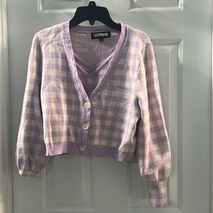 Purple and White Checkered Cardigan and Top Set